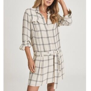 REISS Dasha Checked Long Sleeve Pleated Shirt‎ Mini Dress, Grey/Cream, 8